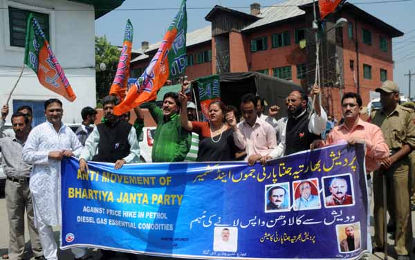 Bharatiya Janta Party (BJP) activists holding a demonstration at Srinagar on Friday.