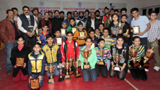 Winners of various events posing for a group photograph alongwith ADGP SM Sahai during valedictory function of 35th State Table Tennis Championship in Jammu. —Excelsior/Rakesh