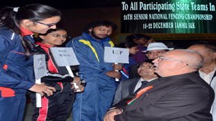 Minister for Roads & Buildings, Abdul Majid Wani interacting with fencrs while inaugnrating 24th Senior National Fencing Championship in Jammu.