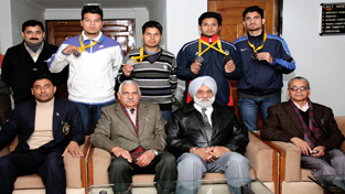 VC JU Prof MPS Ishar and other dignitaries posing with meritorious fencers at Jammu University on Wednesday.
