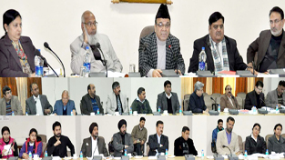Minister for Finance Abdul Rahim Rather chairing pre-budget consultation meeting at Jammu on Tuesday.