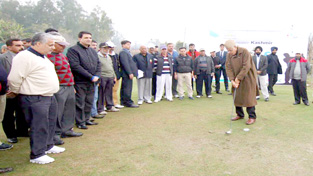 Union Minister for New and Renewable Energy, Dr Farooq Abdullah teeing off Golf Tournament in Jammu on Saturday.