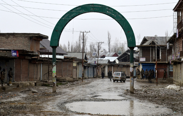 Restrictions imposed in Palhallan town of Baramulla on Monday amid fears of protests against the killing of a youth in the neighbouring Bandipora district. — Excelsior/ Aabid Nabi