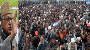 Dr Farooq Abdullah addressing party workers during an election campaign rally at Chadoora in Budgam district on Monday. —Excelsior/Amin War