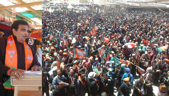 BJP leader Nitin Gadkari addressing a mammoth rally at Polo Ground, Leh on Sunday.