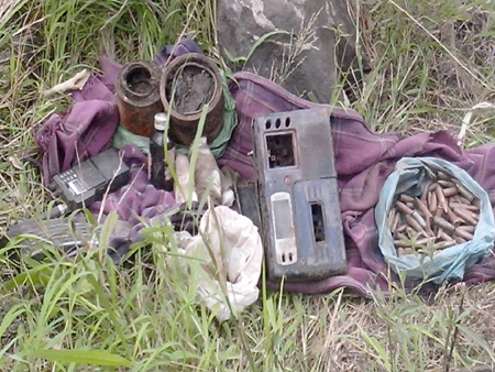Ammunition and explosive material recovered at Mahore in Reasi district on Sunday.