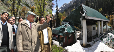 Governor N N Vohra inspecting infrastructure during his visit to Chandanwari on Wednesday.