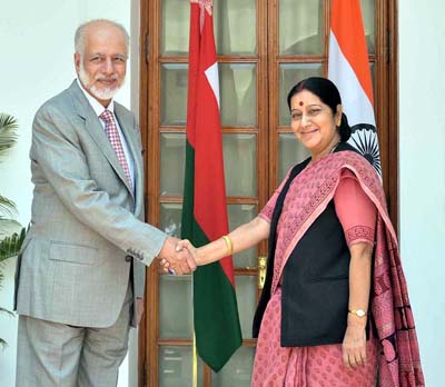 Minister Responsible for Foreign Affairs of Sultanate of Oman, Yousuf bin Alawi bin Abdullah calling on External Affairs Minister Sushma Swaraj at Hyderabad House in New Delhi on Tuesday (UNI)
