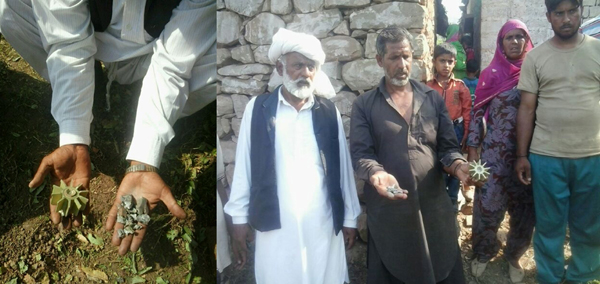 People showing shells which landed in their houses at Mendhar sector on Friday.