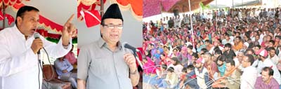 Minister for PHE Sham Lal Sharma and Minister for Finance Abdul Rahim Rather addressing public meeting in Budgam district on Thursday. Minister for PHE Sham Lal Sharma and Minister for Finance Abdul Rahim Rather addressing public meeting in Budgam district on Thursday.