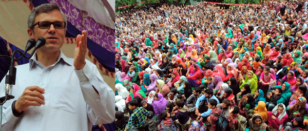 Chief Minister Omar Abdullah addressing NC workers convention at Ramban on Tuesday.