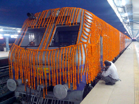 Ready for flag off: A DMU being given final touch at Katra Railway Station, which would be flagged off by Prime Minister Narendra Modi on Friday. The DMU will carry school students only.