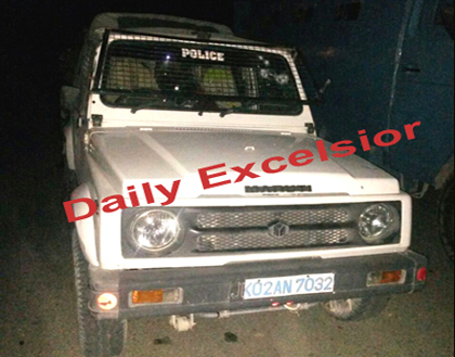 A police vehicle attacked by militants at Pampore in Pulwama on Wednesday. Excelsior/Younis khaliq