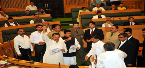 Opposition MLAs protesting in the Assembly on Thursday. -Excelsior/Amin War