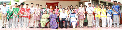The newly elected Students Council of Model Academy posing alongwith School Management on Tuesday.