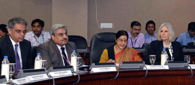 External Affairs Minister Sushma Swaraj speaking at India-League of Arab States Media Symposium in New Delhi on Thursday. (UNI )