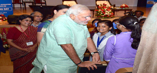 Prime Minister Narendra Modi meeting students on Teachers Day in New Delhi on Friday. (UNI)