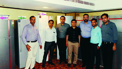 Haier Branch Manager-Tejinder Sehagal, Marketing Head-Ravi Dutta Sharma launching its Golden Ratio Bottom Mounted Refrigerators (BMR) at KC Residency, Jammu.