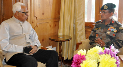 Governor, NN Vohra in a meeting with Lt Gen Subrata Saha at Raj Bhavan on Saturday.