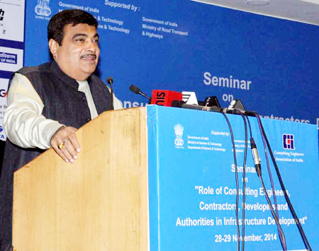 Union Minister for Road Transport & Highways and Shipping, Nitin Gadkari addressing at the inauguration of the seminar on Role of Consulting Engineers, Contractors, Developers and Authorities in Infrastructure Development, in New Delhi on Friday.
