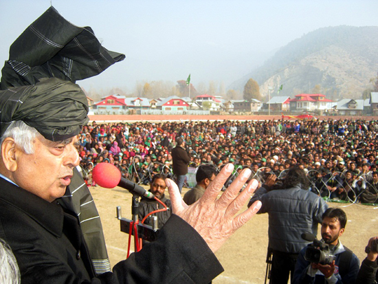 PDP patron Mufti Mohammad Sayeed addressing an election rally at Bandipora on Saturday.