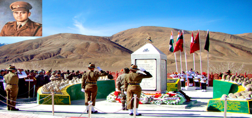 Tributes being paid to martyrs of Rezang La battle on LAC in Ladakh. (Inset Major Shaitan Singh).