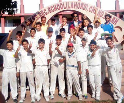 Jubilant J&K U-14 cricket team posing for a group photograph along with support staff in Chandigarh on Thursday.
