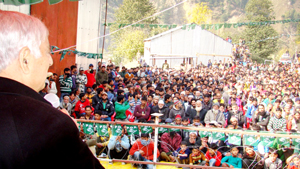 PDP Patron Mufti Mohd Sayeed addressing an election rally in Chenab Valley on Sunday.