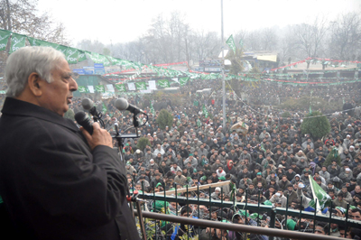 PDP patron Mufti Mohd Sayeed addressing a largely attended public rally in Anantnag on Thursday.