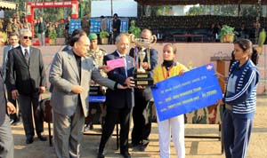 Dignitaries presenting trophy to winners during the concluding ceremony of PPKPL in Reasi on Thursday.