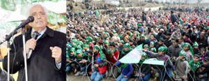 PDP patron Mufti Mohd Sayeed addressing a rally in Rajpora on Monday.