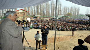 PDP patron Mufti Mohammad Sayeed addressing a public meeting at Baramulla on Tuesday.
