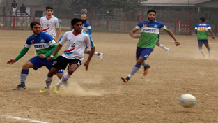 Players in action during football match at GGM Science College ground on Tuesday.—Excelsior/Rakesh