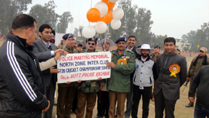 IGP Jammu Zone Rajesh Kumar alongwith DIG Jammu-Kathua Range Shakeel Ahmed Beig and DC Kathua Dr Shahid Iqbal Choudhary releasing balloons to declare open 5th Police Martyr Memorial North Zone Inter Club T-20 Cricket Championship at Sports Stadium in Kathua on Sunday.