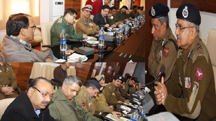 DGP, K Rajendra Kumar chairing a meeting at Police Headquarters, Jammu on Thursday.