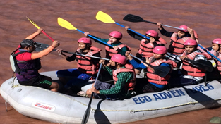 Rafters displaying skill during rafting camp in Reasi on Thursday.