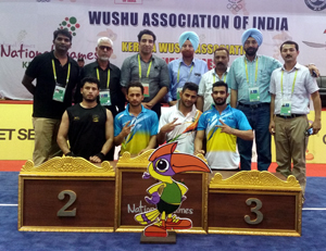Wushu players of Jammu and Kashmir, who blossomed in the ongoing National Games at Thiruvananthapuram in Kerala on Thursday.