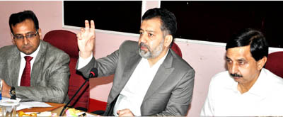 Minister for Information Technology Moulvi Imran Raza chairing a meeting at Jammu on Tuesday.