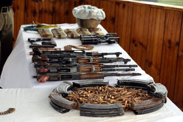 Arms and ammunition recovered at Sopore on Tuesday. -Excelsior/Aabid Nabi
