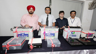 Senior Managers from Crompton & Greaves Ltd launching new inverter and battery during function in Jammu on Saturday.