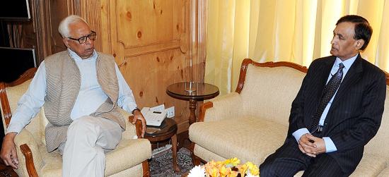 Governor N N Vohra and Union Home Secretary L C Goyal during a meeting at Raj Bhavan in Srinagar on Sunday.