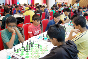 Players in action during the matches of 41st National Sub Junior Chess Tournament and 32nd National Sub Jr Girls Chess Championship in Jammu on Sunday.