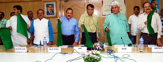 Railways Minister Suresh Prabhu and others flagging of Chennai Central-Jammu Express train to Katra in New Delhi on Friday.