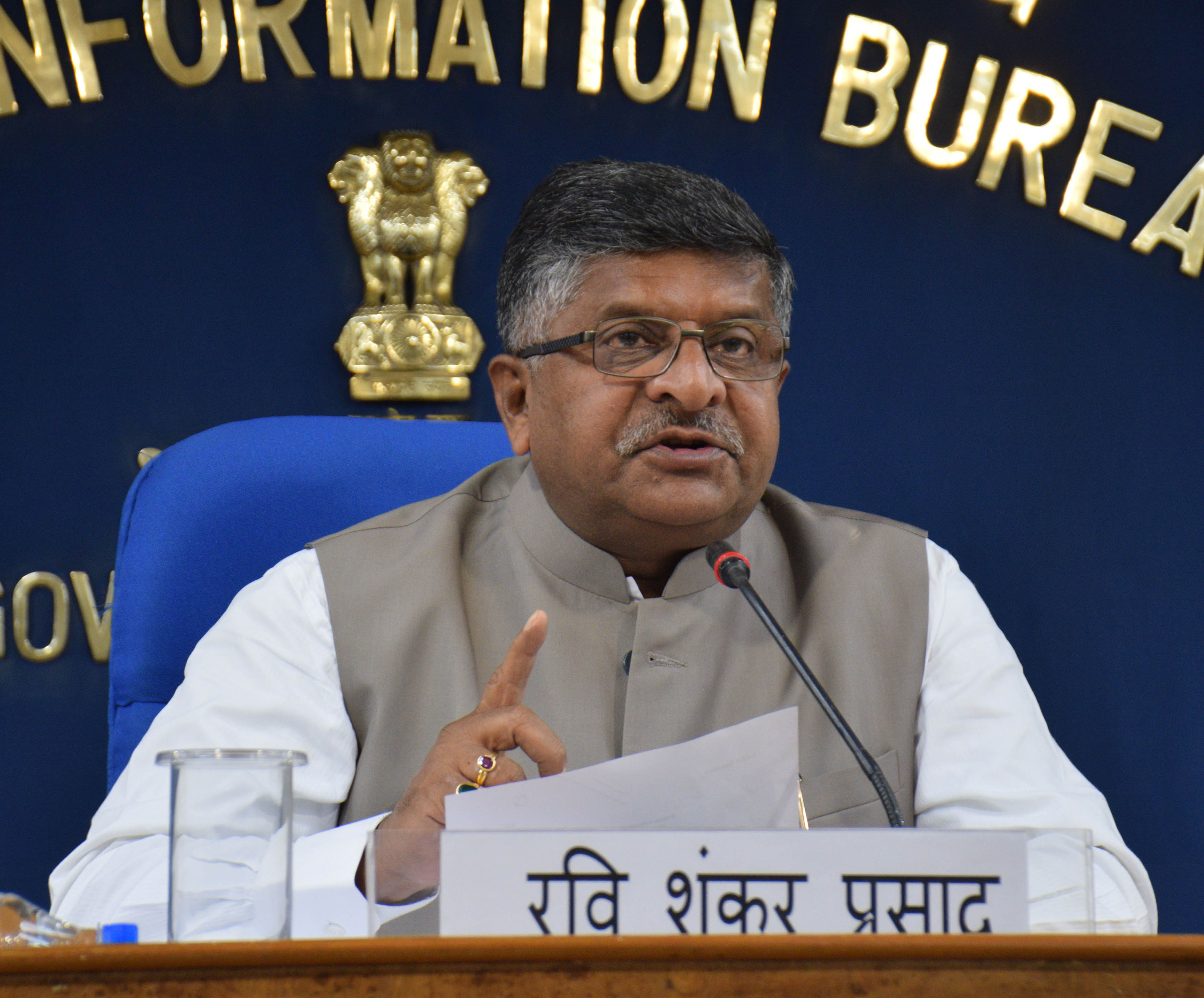 Union Minister for Communications and IT, Ravi Shankar Prasad briefing newsmen after a Cabinet meeting in New Delhi on Wednesday. (UNI )