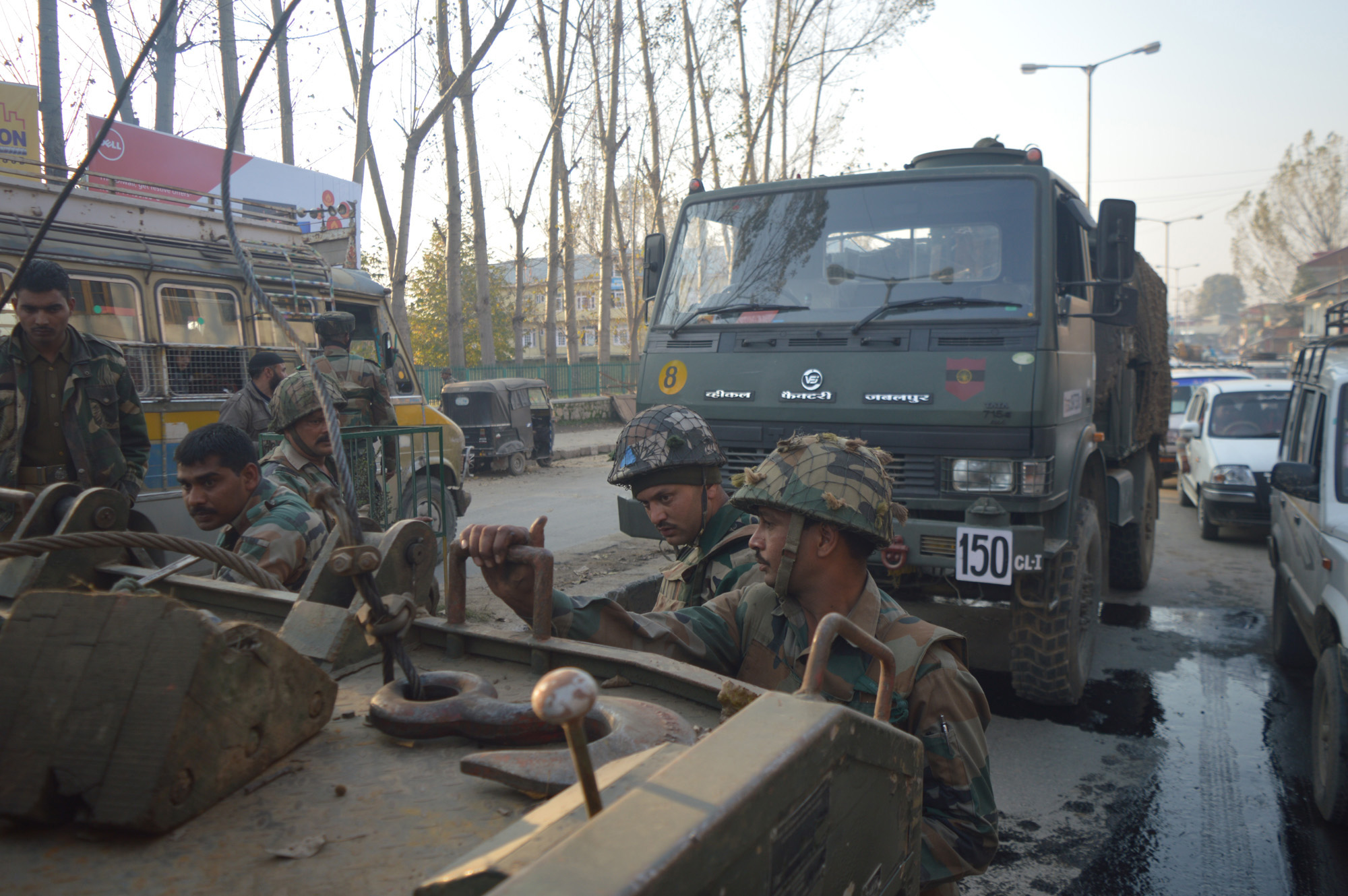 An Army vehicle attacked by the militants at Ganjiwara in Anantnag on Saturday. —Excelsior/Younis Khaliq
