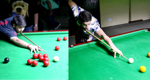 Cueists Manik and Kanav aiming at target during a match of Junior Snooker District Championship at MA Stadium in Jammu. —Excelsior/Rakesh