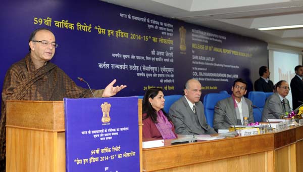 Union Minister for Finance, Corporate Affairs / Information and Broadcasting Arun Jaitley addressing the release function of 59th Annual Report on Print Media, 'Press In India 2014-15, in New Delhi on Tuesday. (UNI )