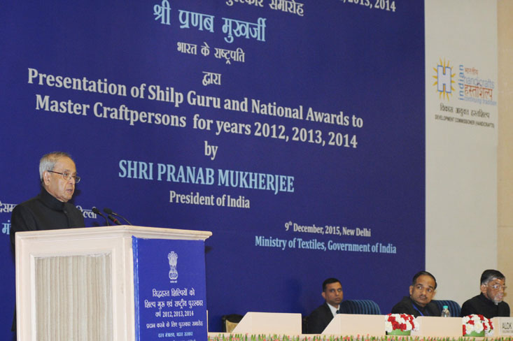 President, Pranab Mukherjee addressing at the presentation of the National Awards & Shilp Guru Awards to master craftsperson and weavers for 2012, 2013 and 2014, in New Delhi on Wednesday.