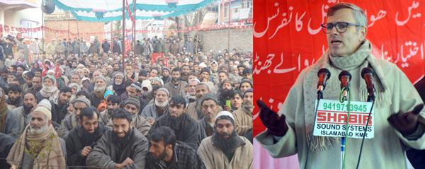 NC leader Omar Abdullah addressing a public rally at Shangus in Anantnag district on Thursday.