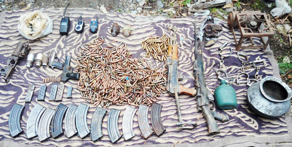 Arms and ammunition haul in Gandoh area of Doda on Wednesday. -Excelsior/Tialk Raj